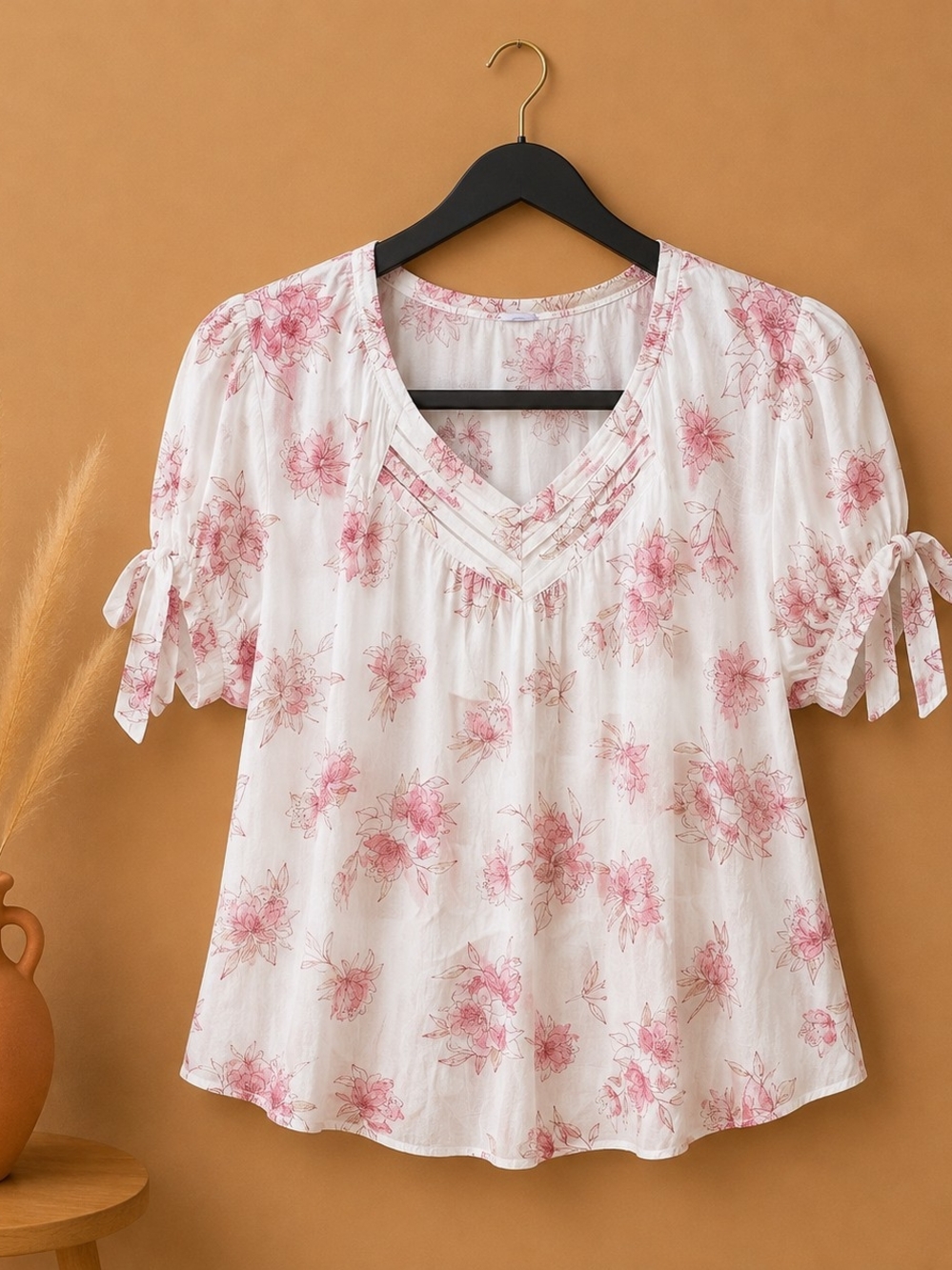 Siren Lily White Blouse with Pink Floral Tie-Sleeves